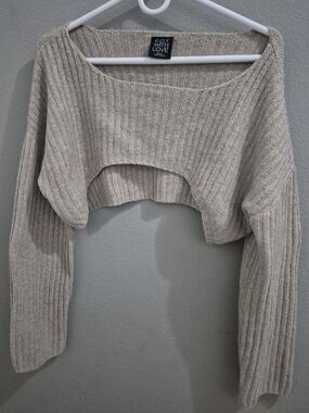 Beige Cropped Rib-Knit Sweater